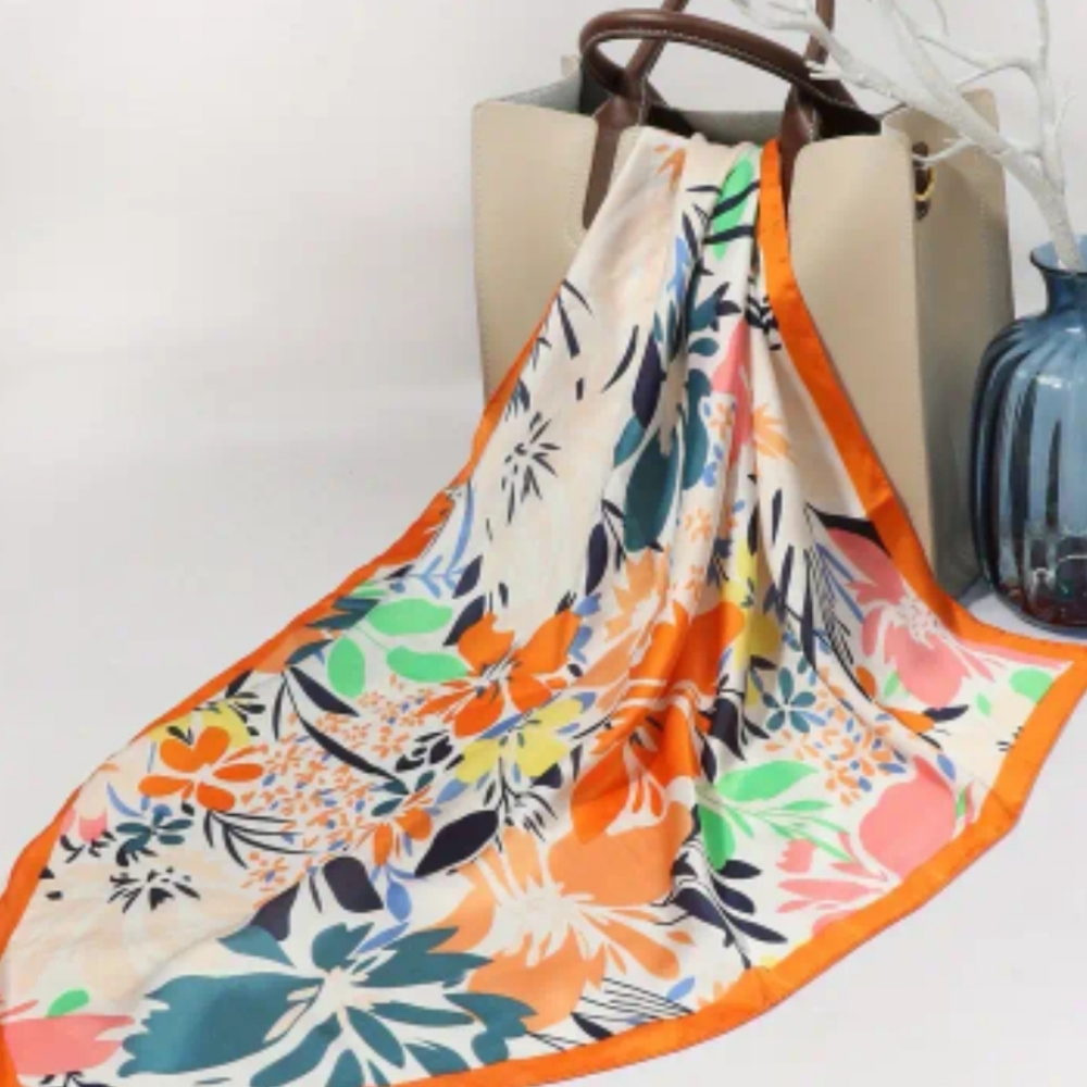Elegant square Satin Scarf Orange Blue 27 in NWT